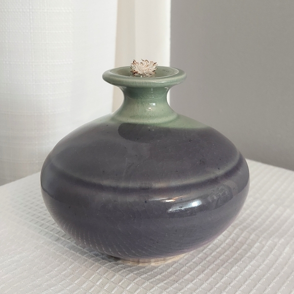 Follette Pottery Oil Lamp Green Purple Glazed Floral Stoneware Cotton Wick - Picture 4 of 9